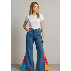 Women's David Taylor Blue Flare Jeans with Tie-Dye Insets Sz 40 Hippie Chic Boho